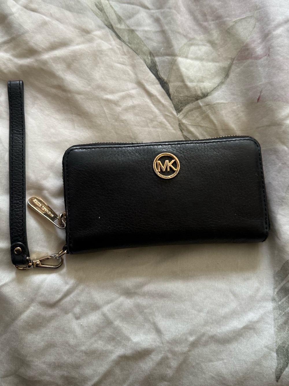 Michael Kors Black Leather Zip-Around Wristlet with Gold MK Emblem